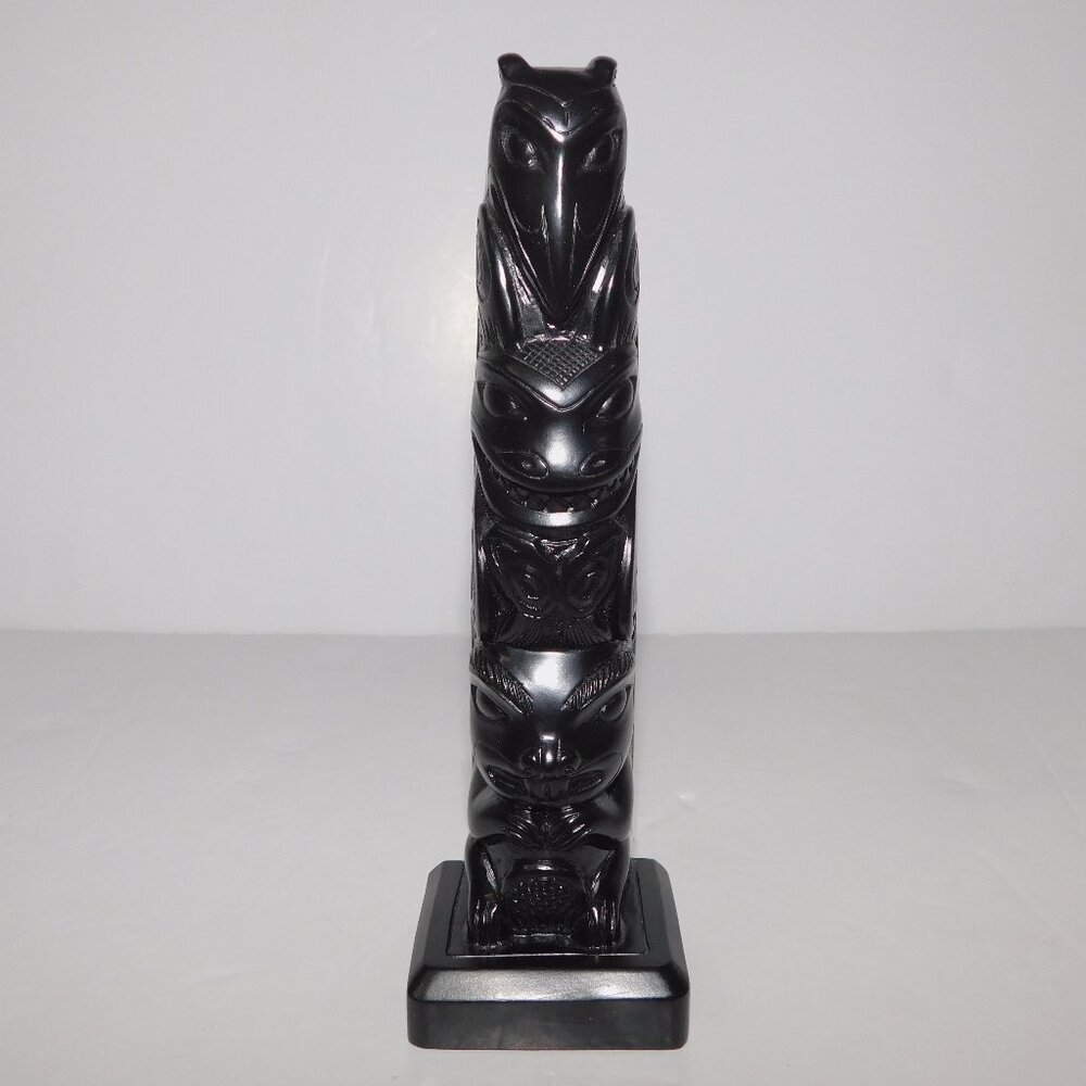 BOMA Raven Queen Bear Beaver 6.5" Black Resin Totem Pole Native Haida Artwork